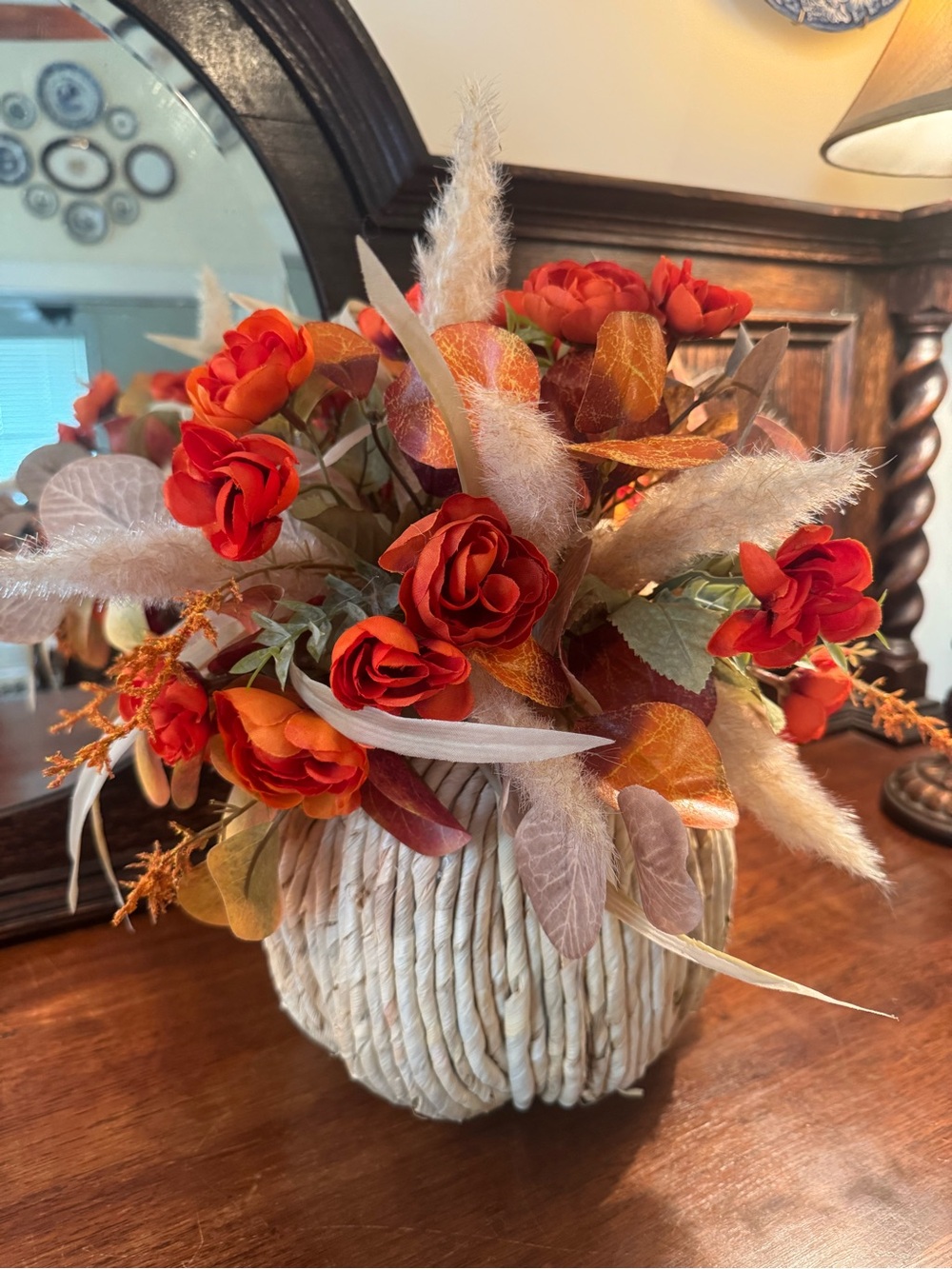Fall Harvest Faux Floral Arrangement in Cream Woven Vase